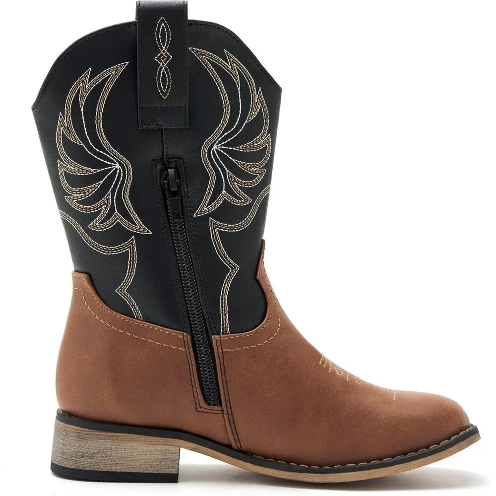 ⚡Girls Brown Black Embroidered Cowgirl Boots Western Square Toe Mid Calf
